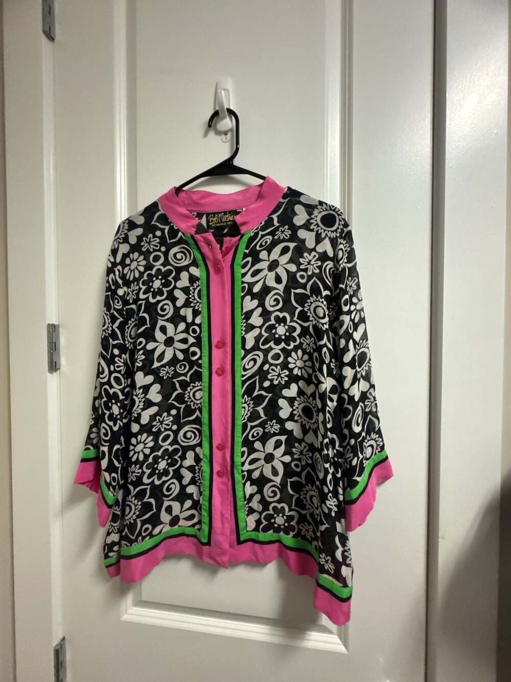 Bob Mackie Wearable Art bold Floral Print Button-Front Sheer Blouse Top Size 1X